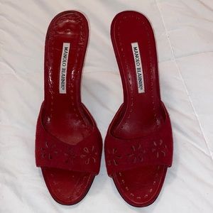 Manolo Blahnik Dark Red Suede Mules with Floral Cutout